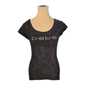 Bebe Crystal Beaded Short Sleeve Black Top Sz M